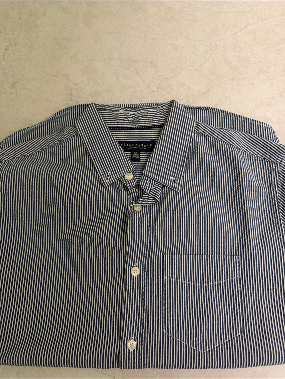 Aeropostale Navy and White Striped Casual Button-Down Shirt
